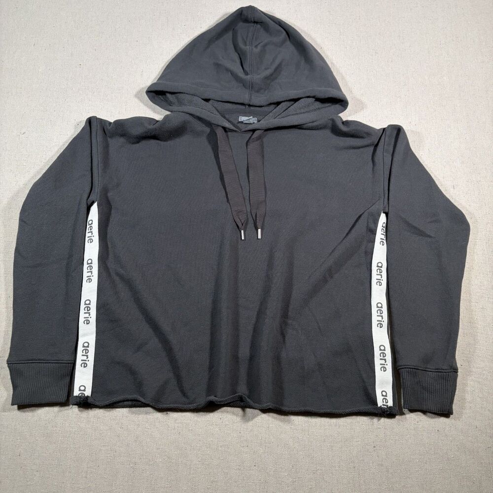 Aerie Logo Tape Oversized Raw Hem Pullover Hoodie Charcoal Womens S